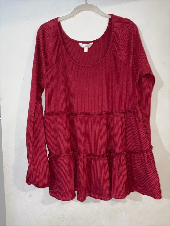LC Lauren Conrad Tops - LC Lauren Conrad Deep Red Tiered Ribbed Long-Sleeve Blouse